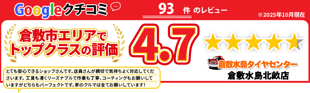 倉敷水島タイヤセンター倉敷水島店は倉敷エリアでトップクラスの評価！Googleクチコミで星4.7！是非当社でのタイヤ交換をご検討下さい。